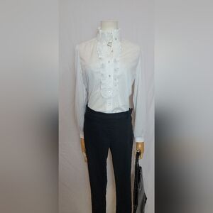 Vintage 1970s A&A Ruffle Front Blouse With Silver Metallic Pinstripe